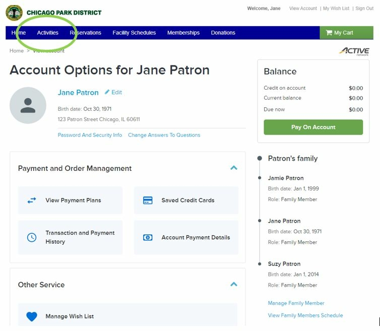 Chicago Park District account page for Jane Patron.