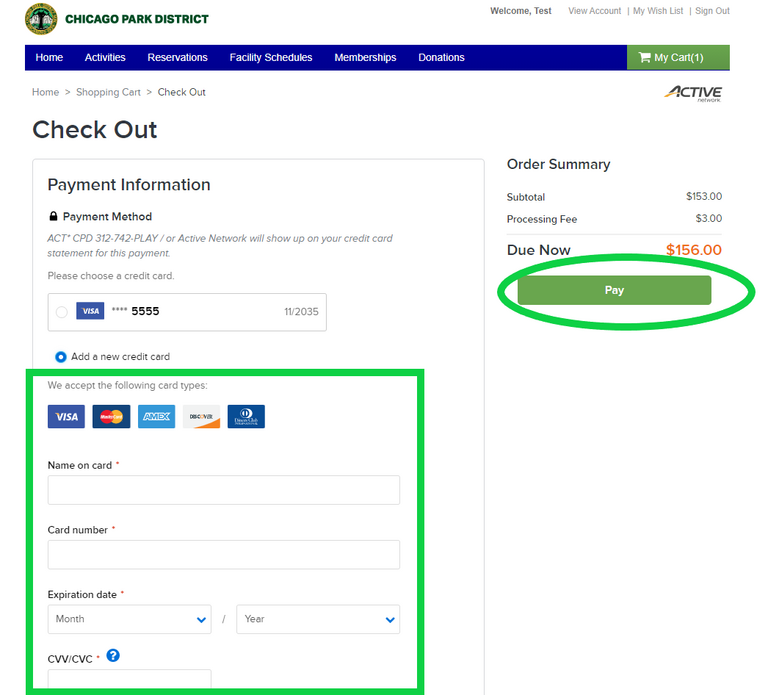 Chicago Park District checkout page. Credit card form and order summary.