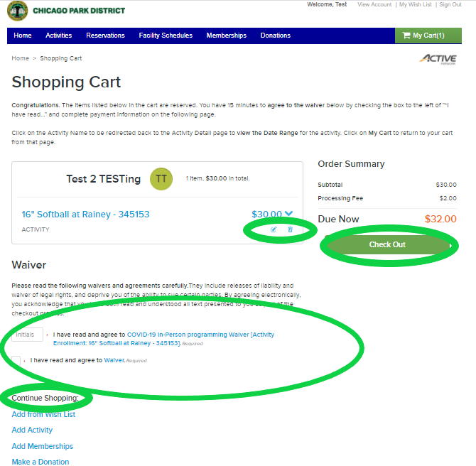 Chicago Park District shopping cart with one item totaling $32.00.