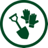 Gardening tools: shovel and gloves.